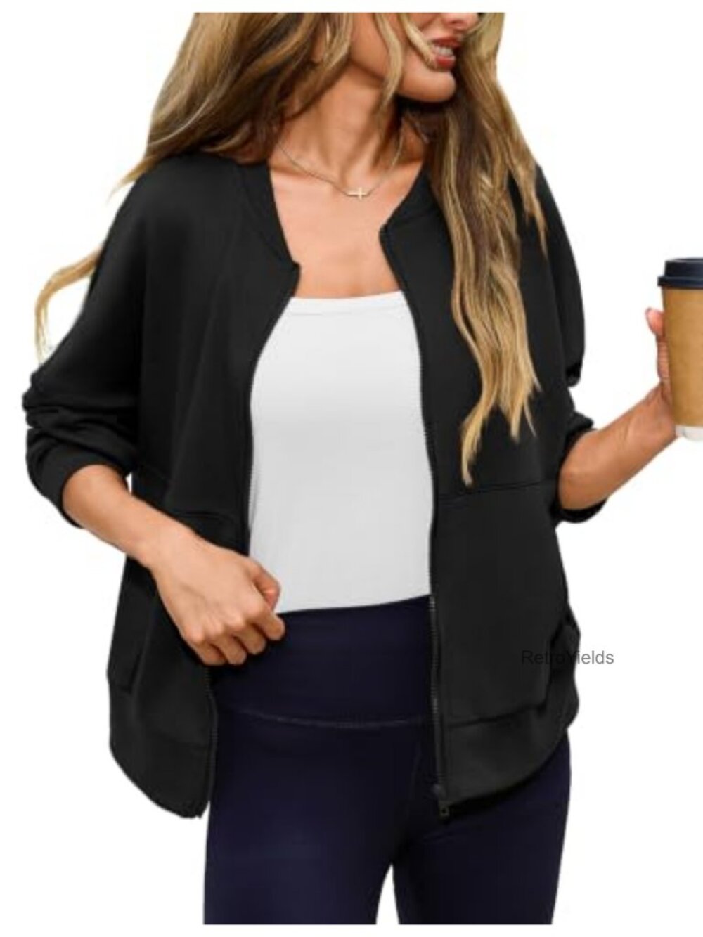 Women’s Full Zip Cotton Blend Bomber Jacket Cropped Sweatshirt Casual